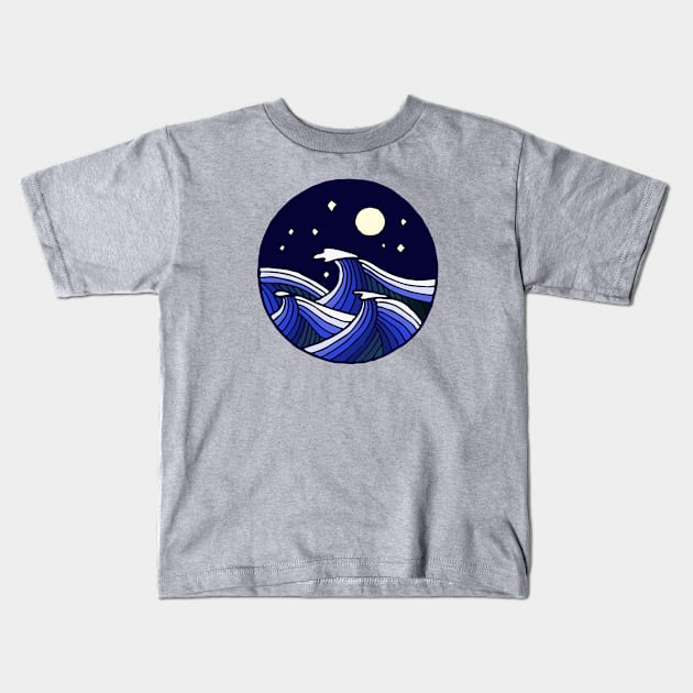 Line drawing: Stylized waves in moonlight in blue and white Kids T-Shirt by AtlasMirabilis